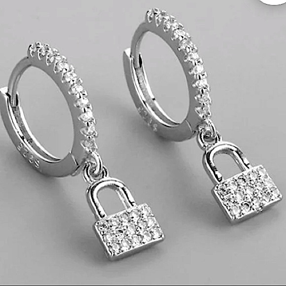 Sterling Silver Zircon Lock Minimalist Earrings - Picture 1 of 3